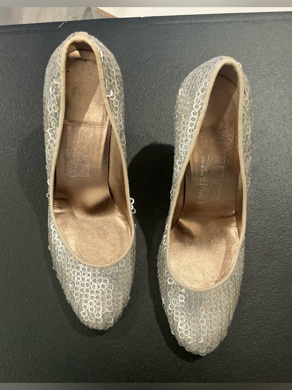 Salvatore Ferragamo Silver sequin pump heels 10.5 B made in Italy